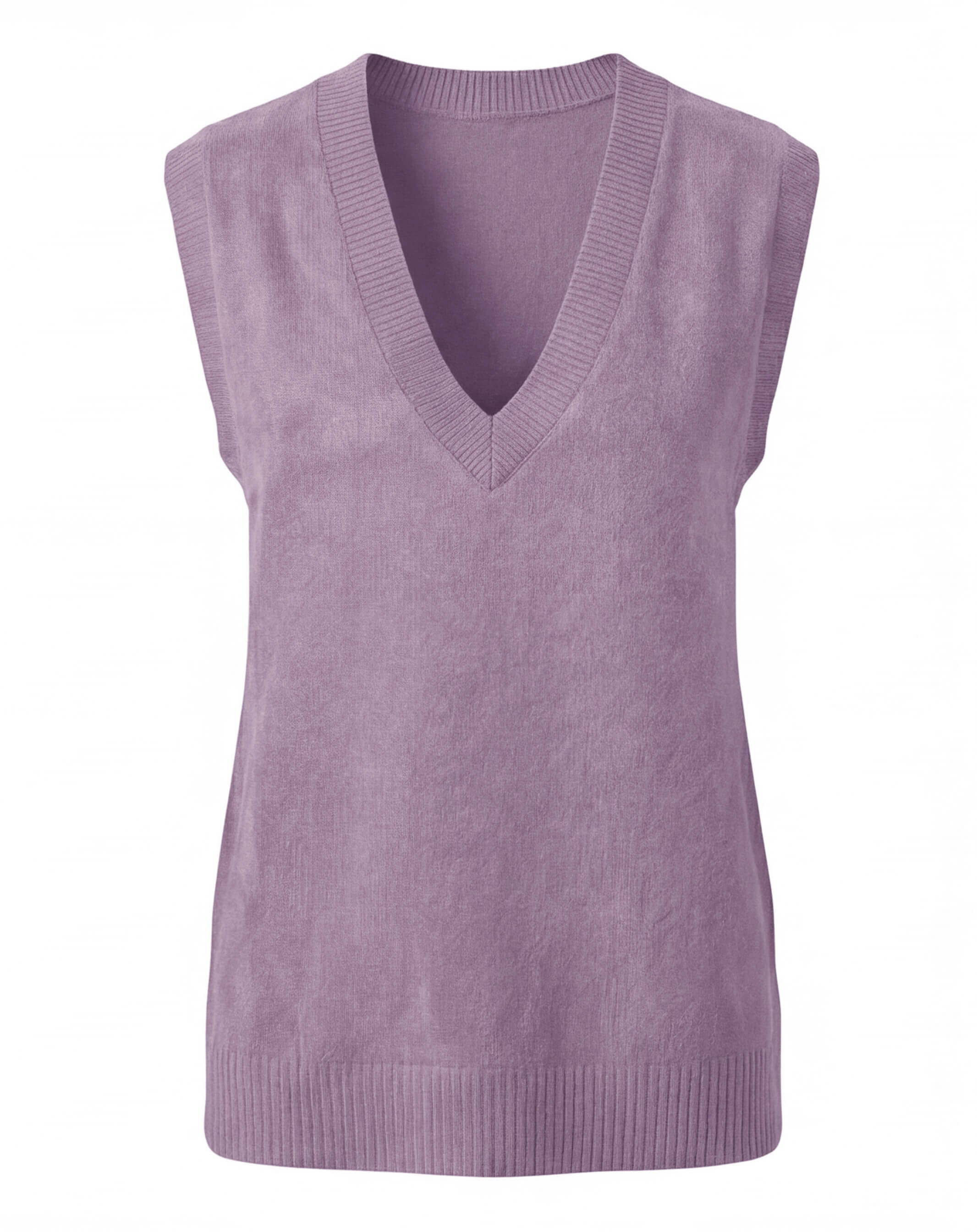 Women's purple knit sweater vest featuring a V-neck, sleeveless design, ribbed trim, and a soft textured knit.
