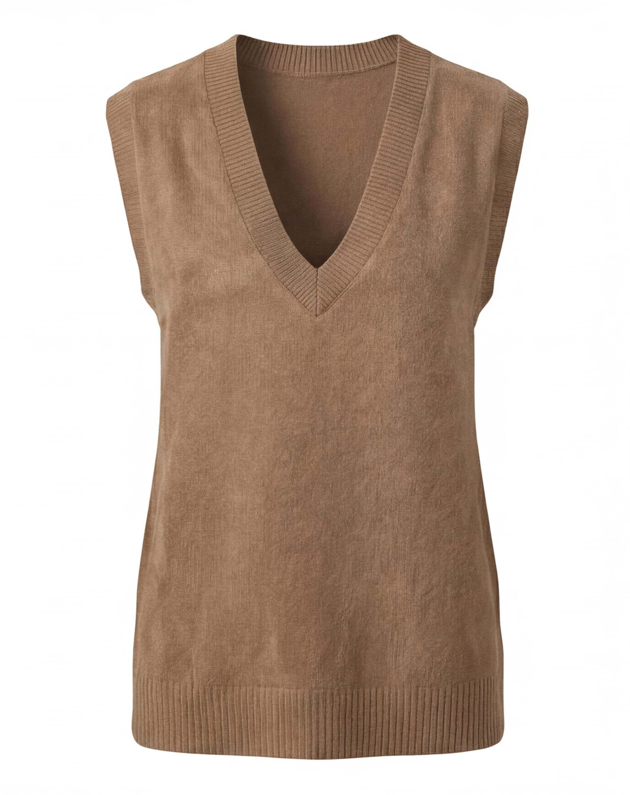 Women's camel knit sweater vest with a V-neck, sleeveless silhouette, ribbed hem, and soft knit fabric.