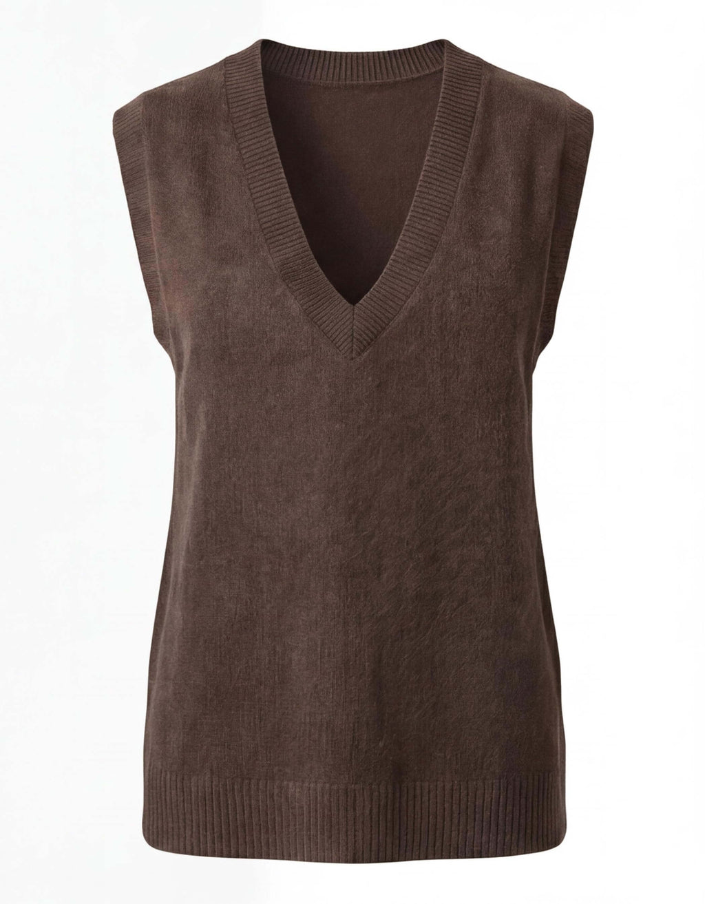 Women's brown knit sweater vest featuring a V-neck, sleeveless design, ribbed trim, and lightweight knit construction.