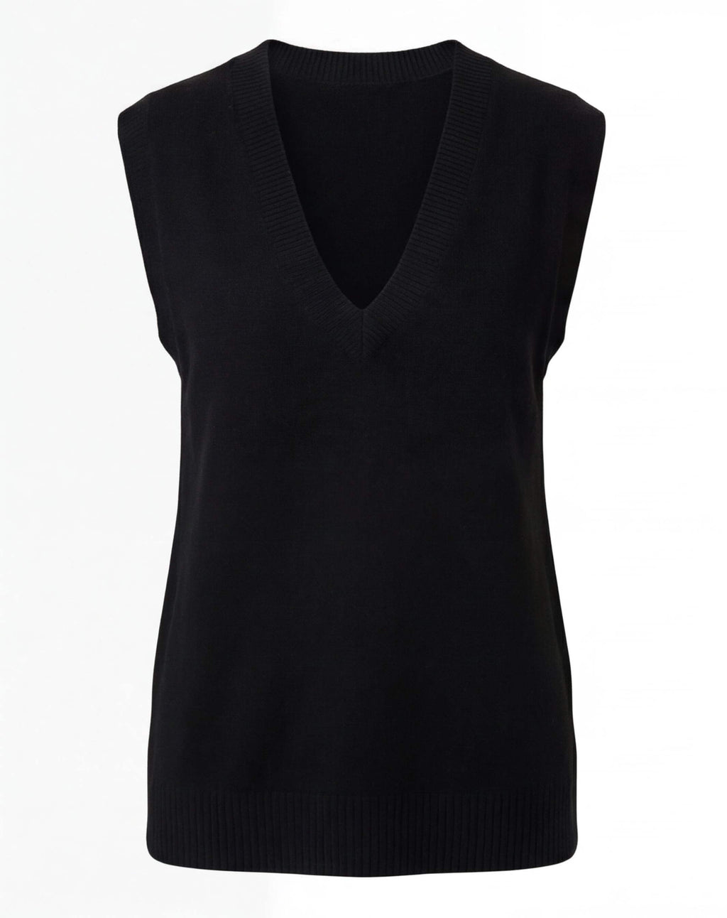 Women's black knit sweater vest with a V-neck, sleeveless silhouette, ribbed hem, and classic minimalist design.