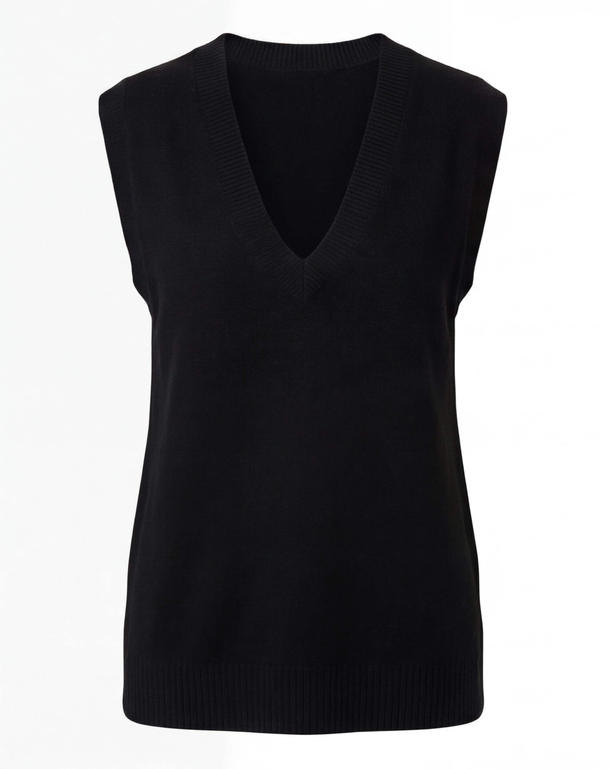 Women's black knit sweater vest with a V-neck, sleeveless silhouette, ribbed hem, and classic minimalist design.