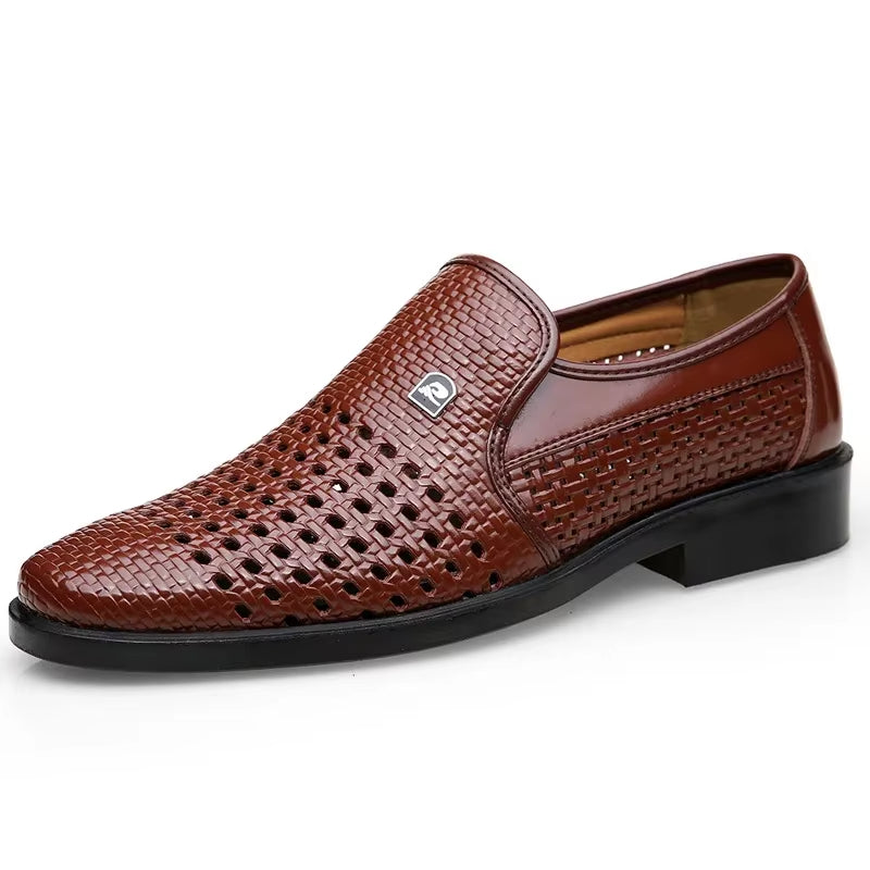 Brown woven calfskin leather loafer with breathable perforated upper, slip-on design, and flexible black outsole on a white background.