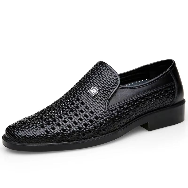 Black woven calfskin leather loafer with breathable perforated upper, slip-on construction, and flexible black outsole on a white background.