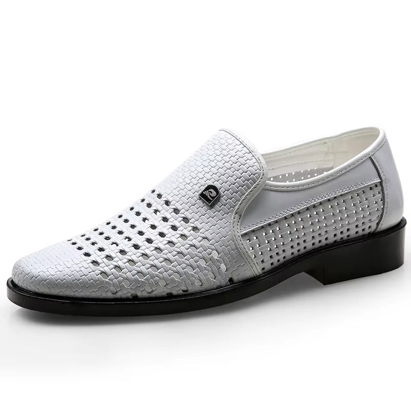 White woven calfskin leather loafer with breathable perforated upper, slip-on design, and flexible black outsole on a white background.