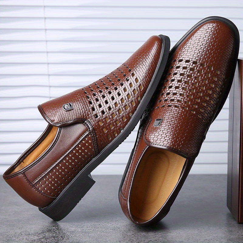 Pair of brown woven calfskin leather loafers with breathable perforated detailing, slip-on construction, and flexible black soles displayed upright.