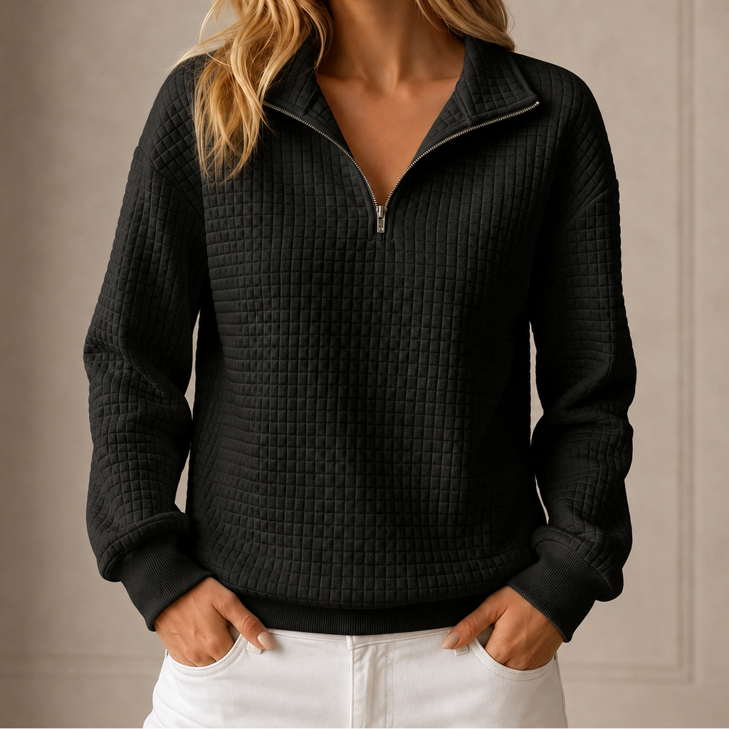 Black grid-quilted half-zip sweatshirt worn by a female model