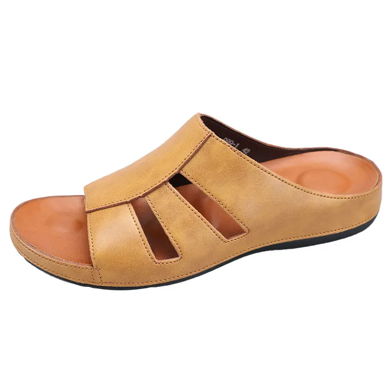 Side profile product shot of a light tan leather slip-on sandal on a plain white background, showing the cutout straps and full silhouette.