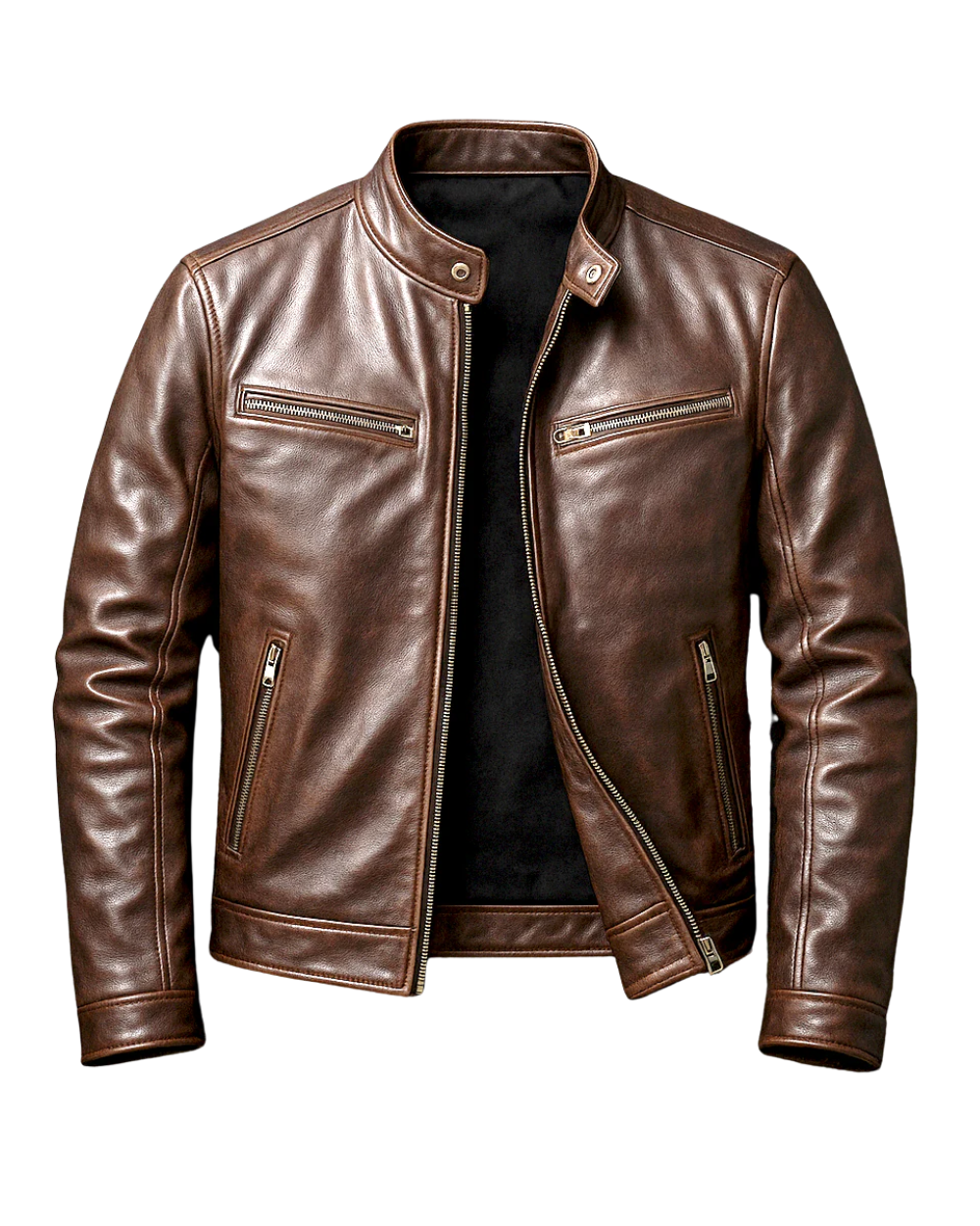 Brown leather moto jacket featuring a stand collar, front zipper, chest zip pocket, and slim-fit silhouette on a white 
background.