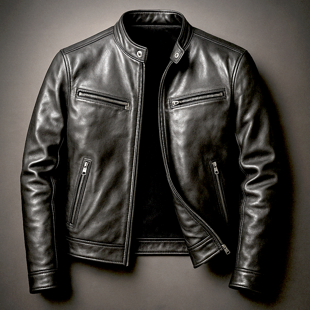 Black premium leather biker jacket with a stand collar, zip-front closure, chest zip pocket, and side zip pockets displayed on a dark background.