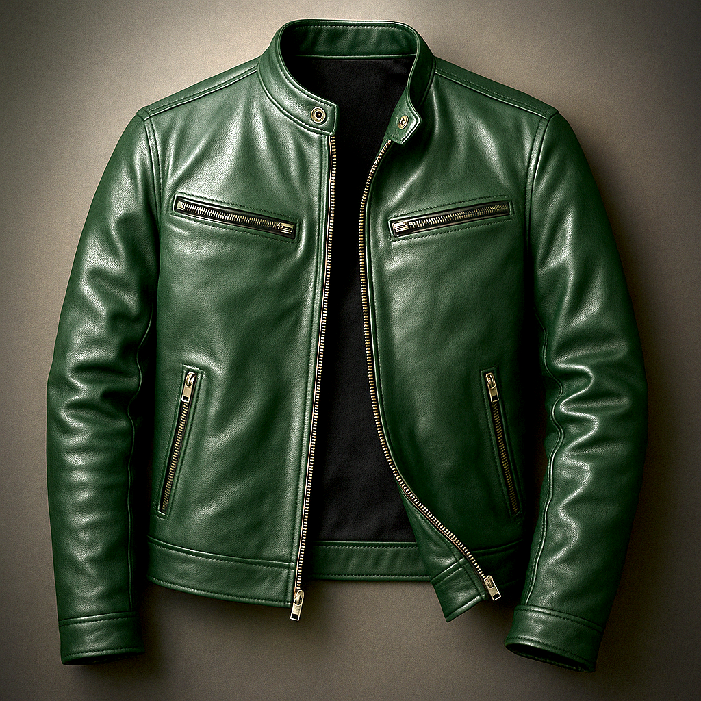 Forest green leather biker jacket featuring a stand collar, front zipper, chest zip pocket, and side zip pockets on a dark background.