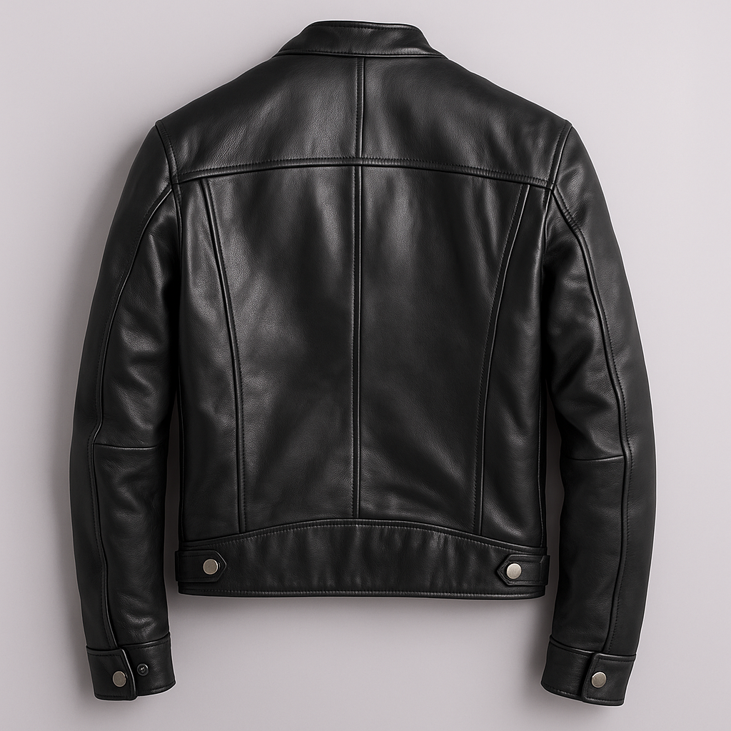 Back view of a black premium leather biker jacket with a stand collar and clean tailored silhouette.