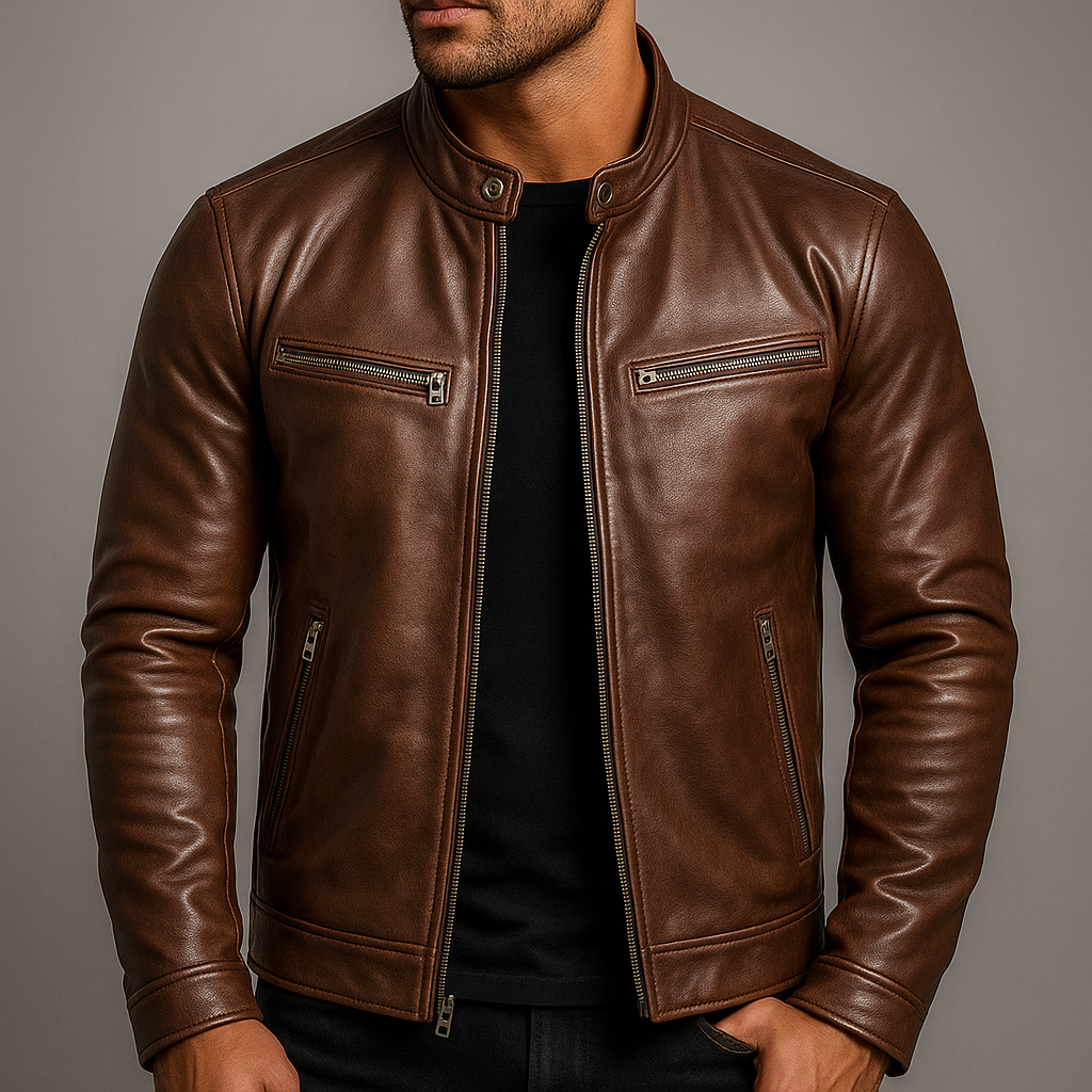 Man wearing a brown premium leather biker jacket with a stand collar, zip-front closure, and slim-fit design.