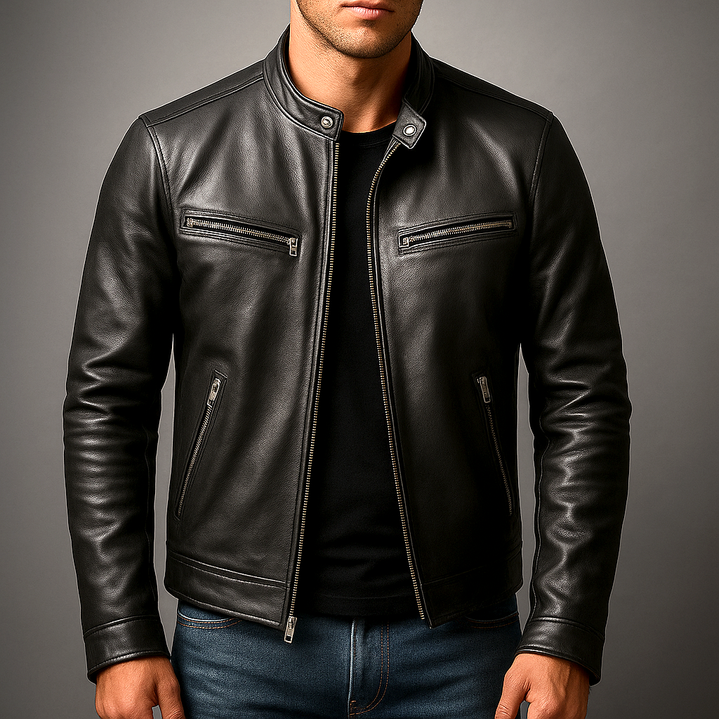 Man wearing a black premium leather biker jacket featuring a stand collar, front zipper, and modern slim-fit silhouette.
