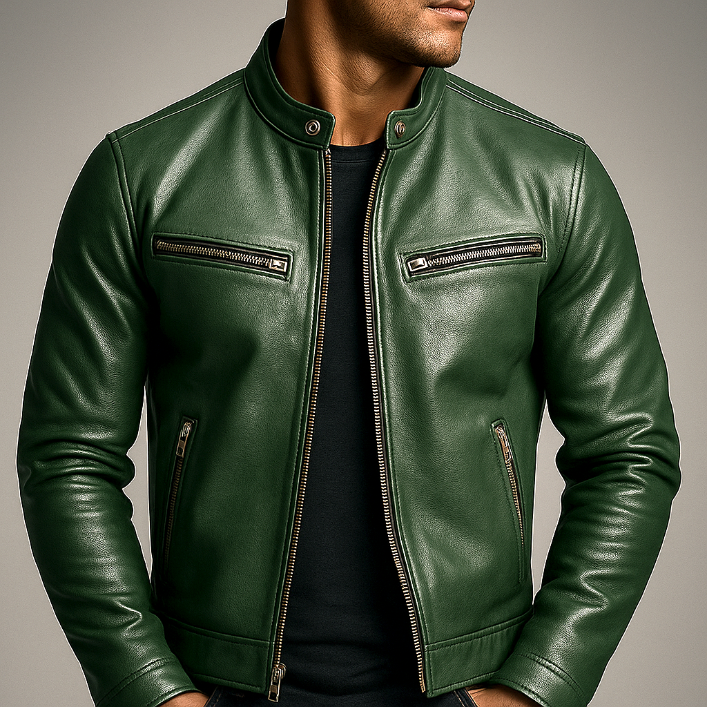 Man wearing a forest green premium leather biker jacket with a stand collar, chest zip pocket, and zip-front closure.