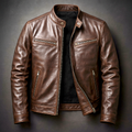 Brown premium leather biker jacket with a stand collar, zip-front closure, chest zip pocket, and side zip pockets displayed on a dark background.