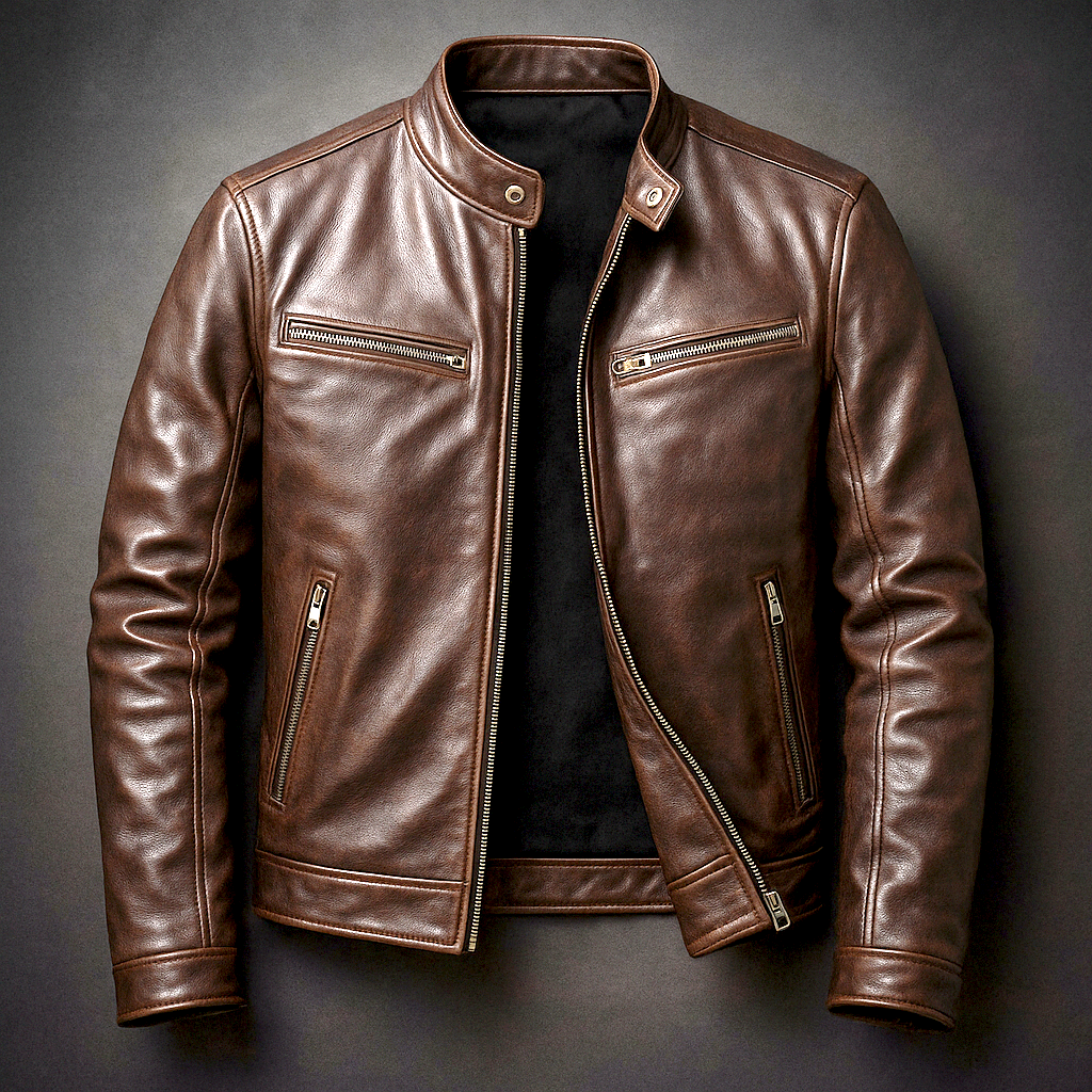 Brown premium leather biker jacket with a stand collar, zip-front closure, chest zip pocket, and side zip pockets displayed on a dark background.