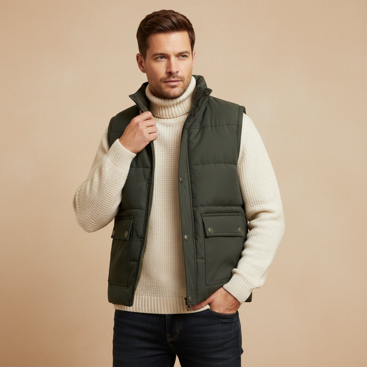 Hayden Fleece-Lined Utility Vest – Stand-Collar Multi-Pocket Winter Layering