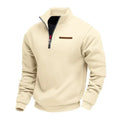 Cream half-zip fleece sweatshirt with a stand collar, ribbed cuffs, and chest accent detail on a white background.