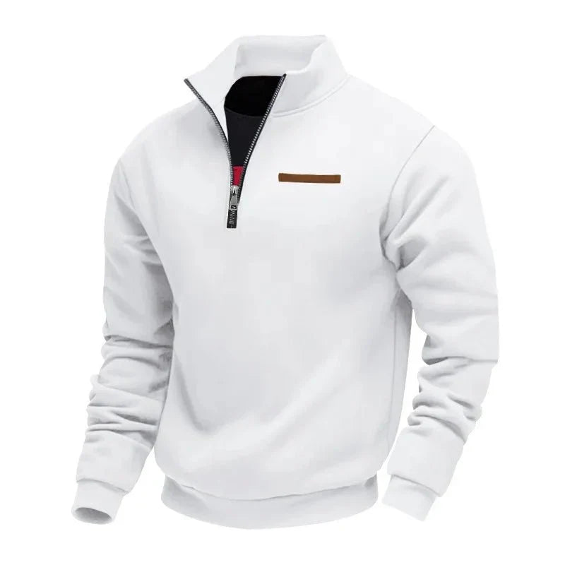 White half-zip fleece sweatshirt with a stand collar, ribbed cuffs, and chest accent detail on a white background.