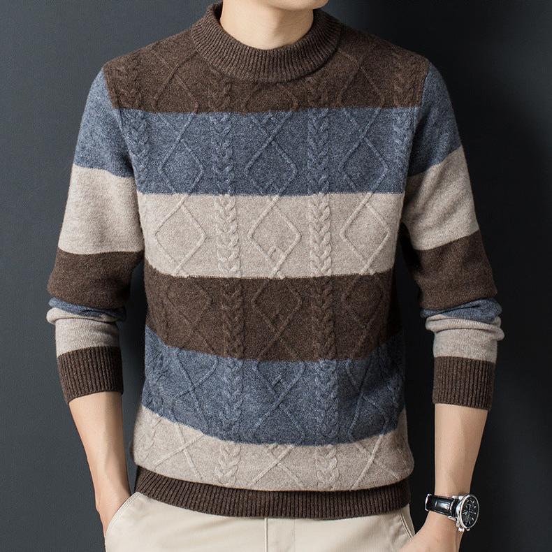 Henry Wool Blend Jacquard Sweater – Striped Cable-Knit Crewneck Knitwear