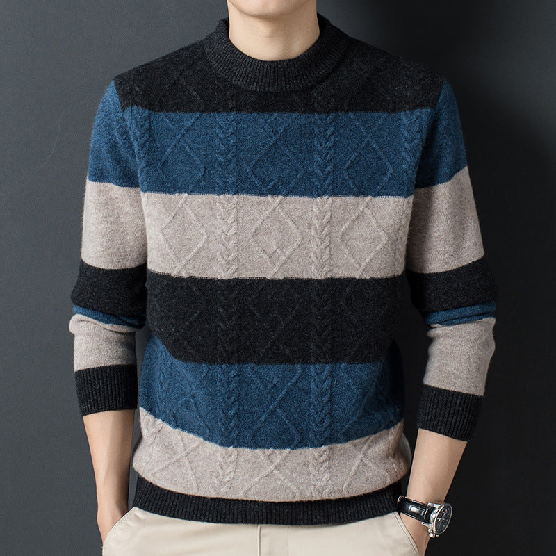 Henry Wool Blend Jacquard Sweater – Striped Cable-Knit Crewneck Knitwear