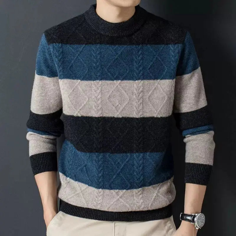 Henry Wool Blend Jacquard Sweater – Striped Cable-Knit Crewneck Knitwear