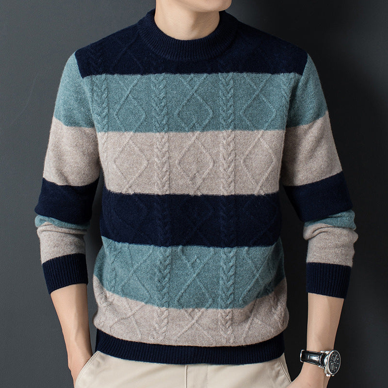 Henry Wool Blend Jacquard Sweater – Striped Cable-Knit Crewneck Knitwear