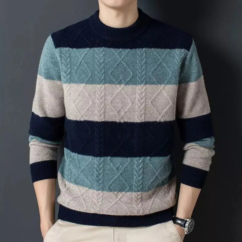 Henry Wool Blend Jacquard Sweater – Striped Cable-Knit Crewneck Knitwear