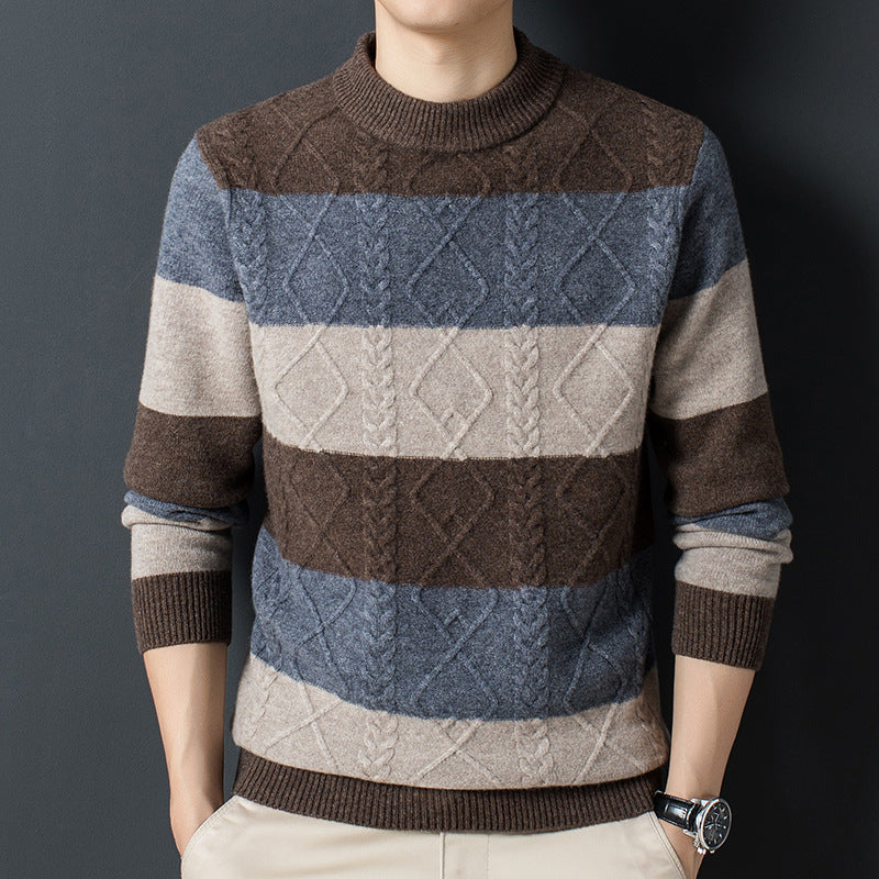 Henry Wool Blend Jacquard Sweater – Striped Cable-Knit Crewneck Knitwear