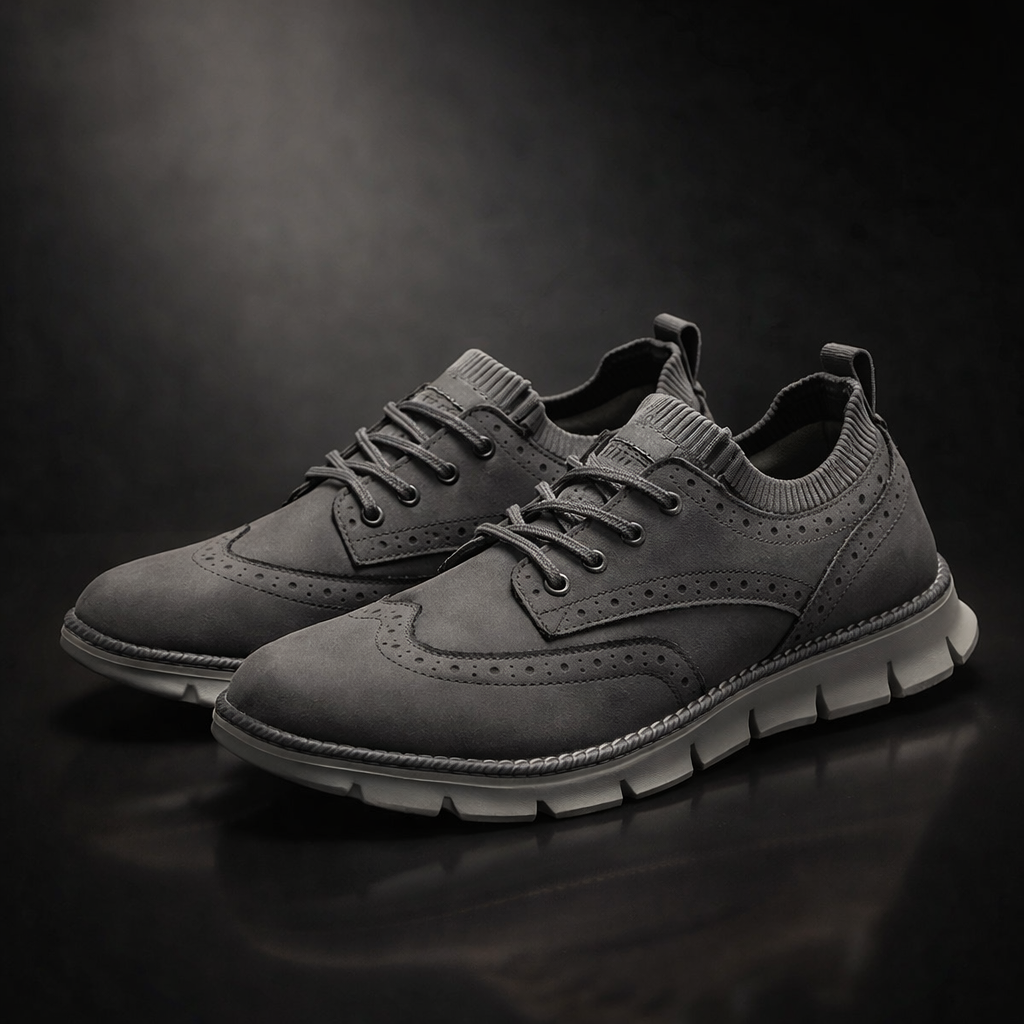 Pair of gray suede brogue-style sneakers on a reflective surface against a dark moody studio background.