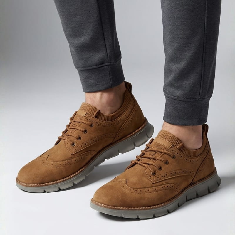 Close angled view of a person's feet wearing tan suede sneakers and gray joggers in a studio setting.
