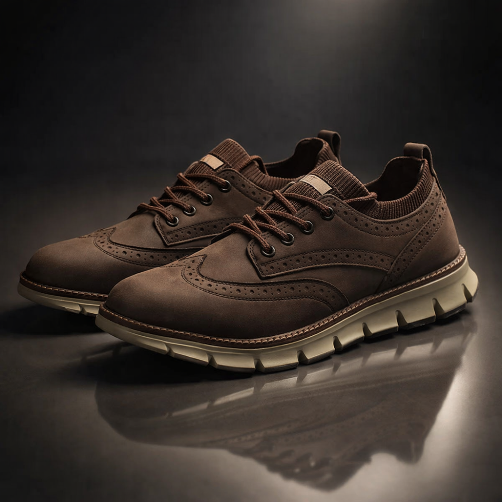 Pair of dark brown suede brogue-style sneakers on a reflective surface against a dark moody studio background.