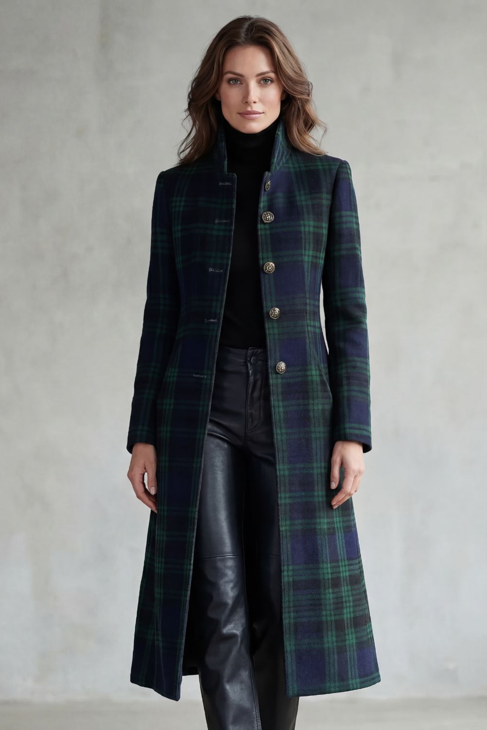 Longline wool-blend coat in a dark green and navy Highland check with a tailored fit and button-front closure.