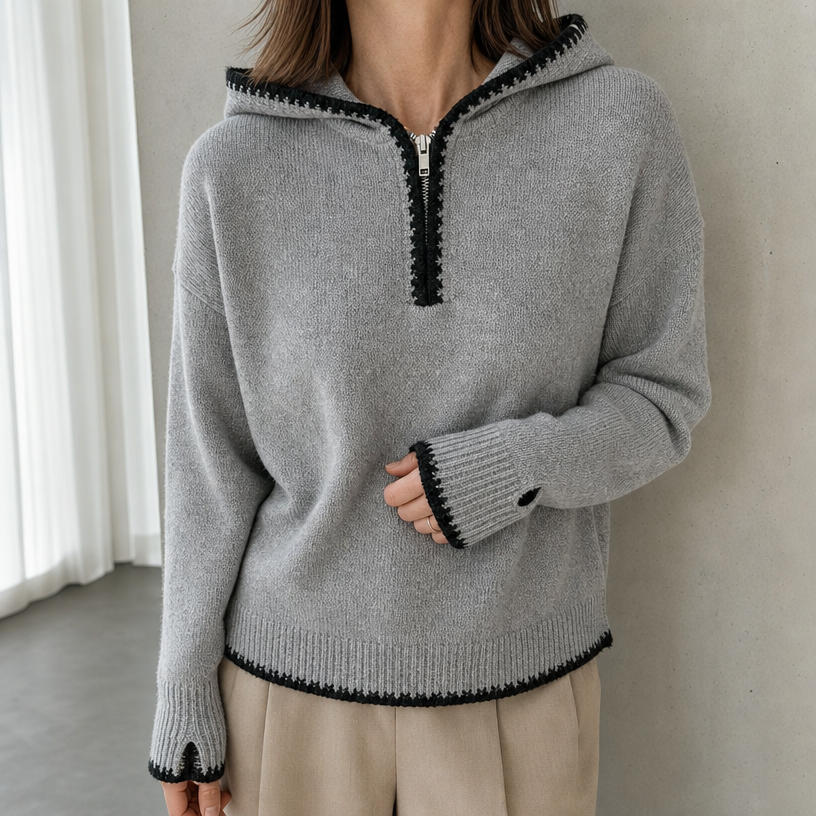 Gray hooded knit half-zip pullover worn by a female model, front view