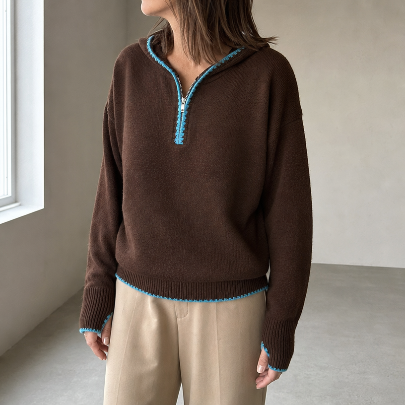 Brown hooded knit half-zip pullover worn by a female model, front view