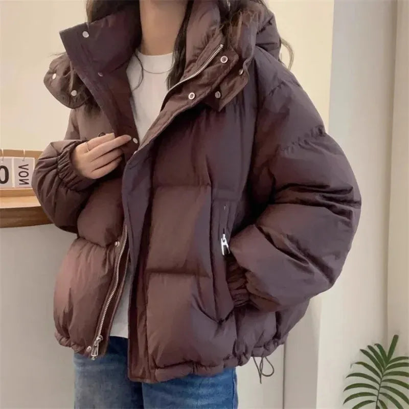 Dark brown hooded puffer jacket with a high funnel neck, quilted insulation, and a relaxed, roomy fit.