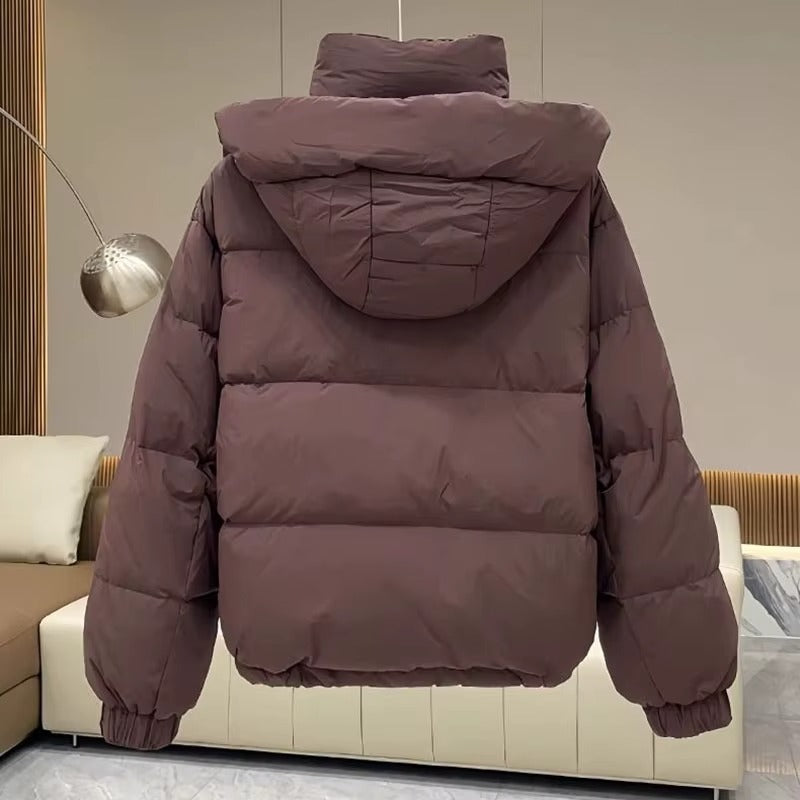 Dark brown hooded puffer jacket with quilted insulation, high funnel neck, and relaxed fit, shown from the back.