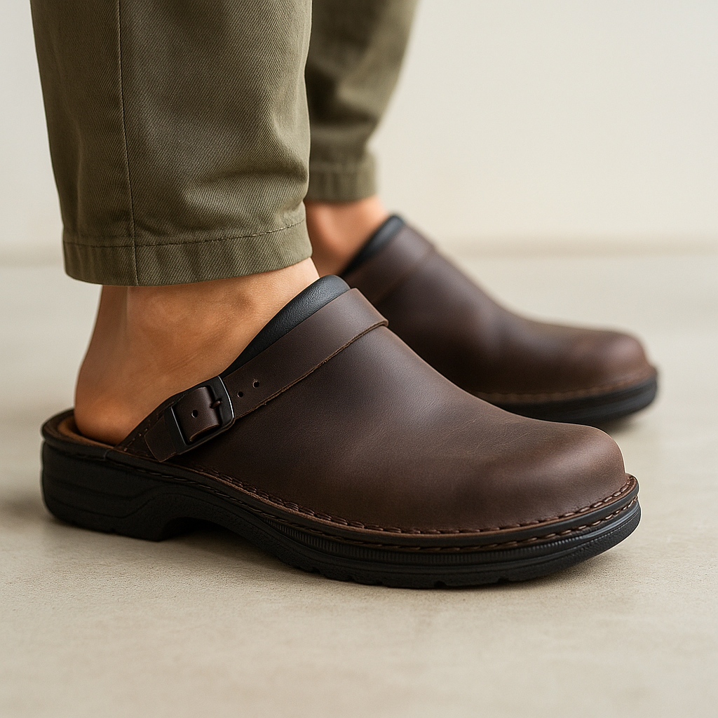 Dark brown leather slip-on clogs with an adjustable buckle strap and cushioned sole, styled with olive trousers in a modern indoor setting.