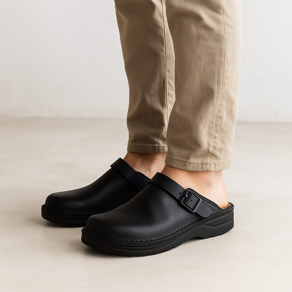 Black leather slip-on clogs with an adjustable buckle strap and cushioned sole, worn with beige trousers in a clean minimalist setting.