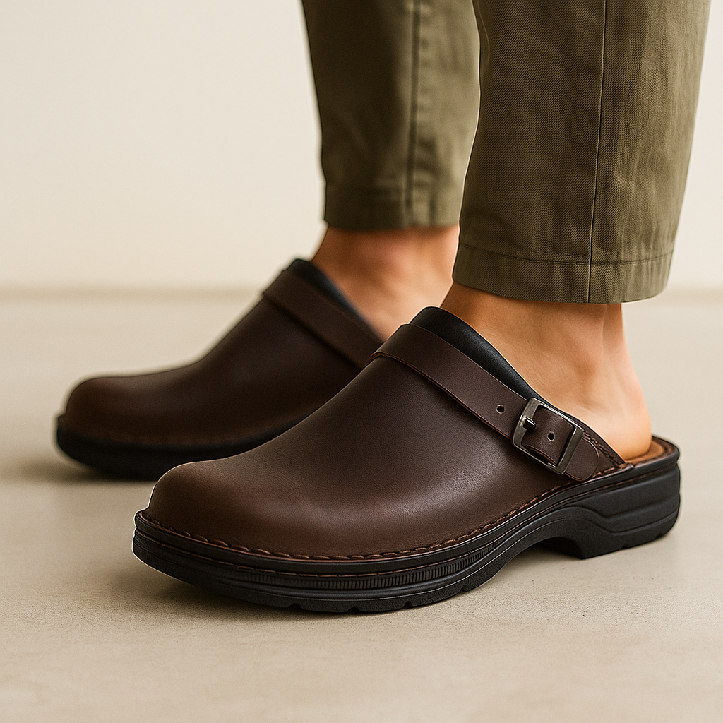 Dark brown leather slip-on clogs with an adjustable buckle strap and cushioned sole, worn with olive trousers in a minimalist indoor setting.