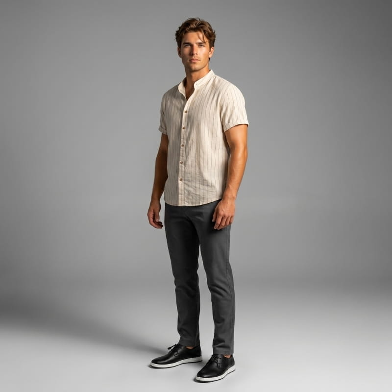 Full-body shot of a man in a cream button-up shirt and gray trousers wearing black leather lace-up sneakers, studio background