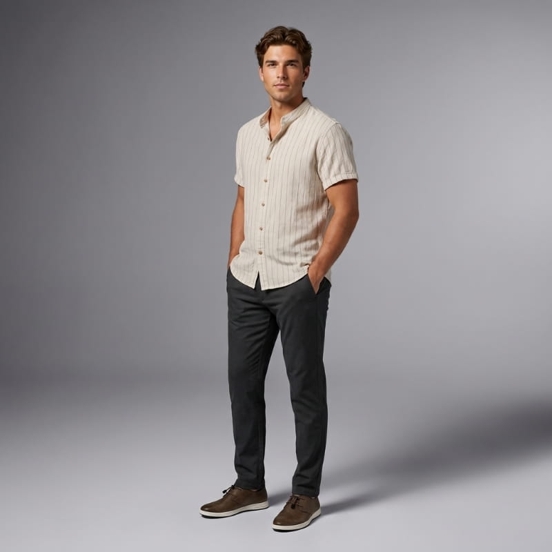 Full-body shot of a man in a cream button-up shirt and dark trousers wearing brown leather lace-up sneakers, hands in pockets, studio background