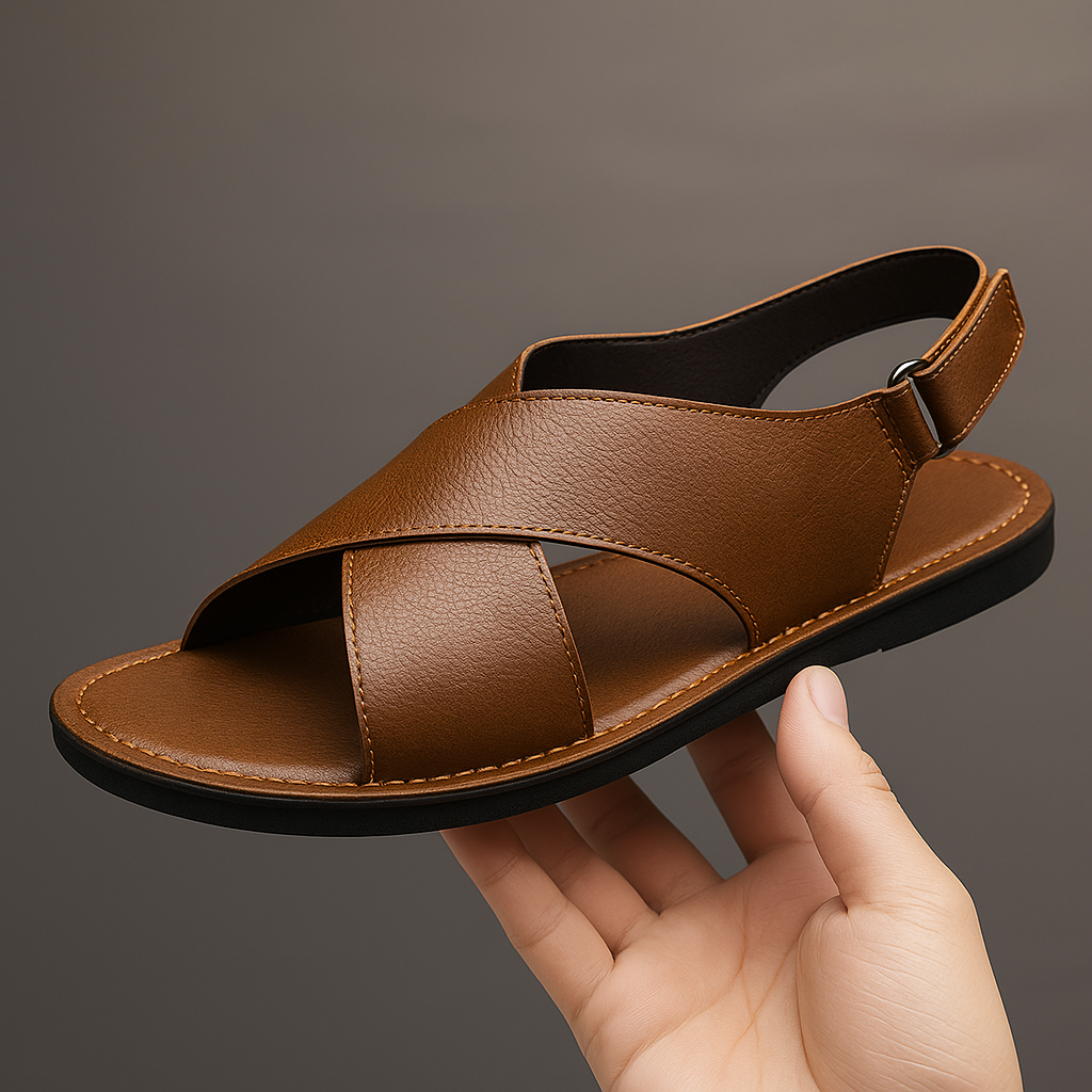 Hand holding up a brown leather cross-wrap sandal to show the crisscross upper straps, ankle buckle strap, and stitched flat sole.