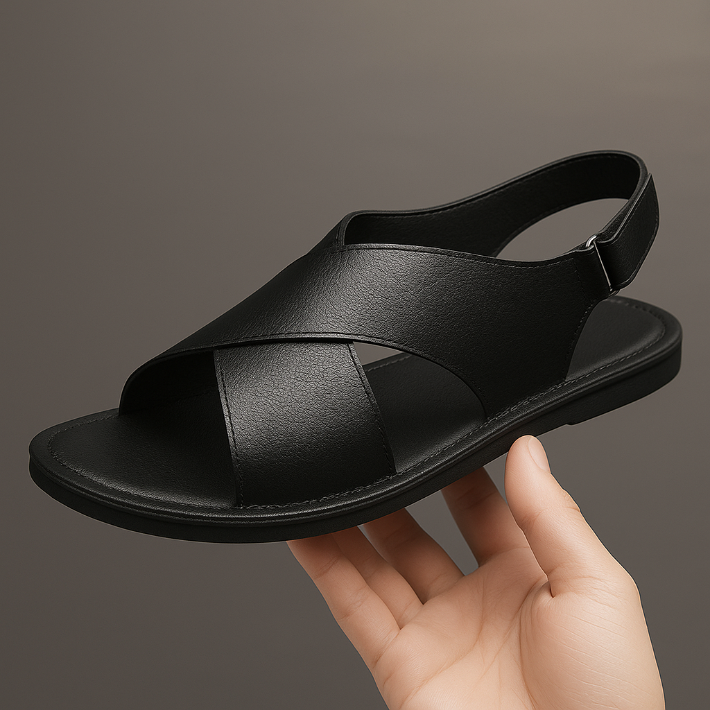 Hand holding up a black leather cross-wrap sandal, showing the crisscross straps, side buckle closure, and matching black flat sole.