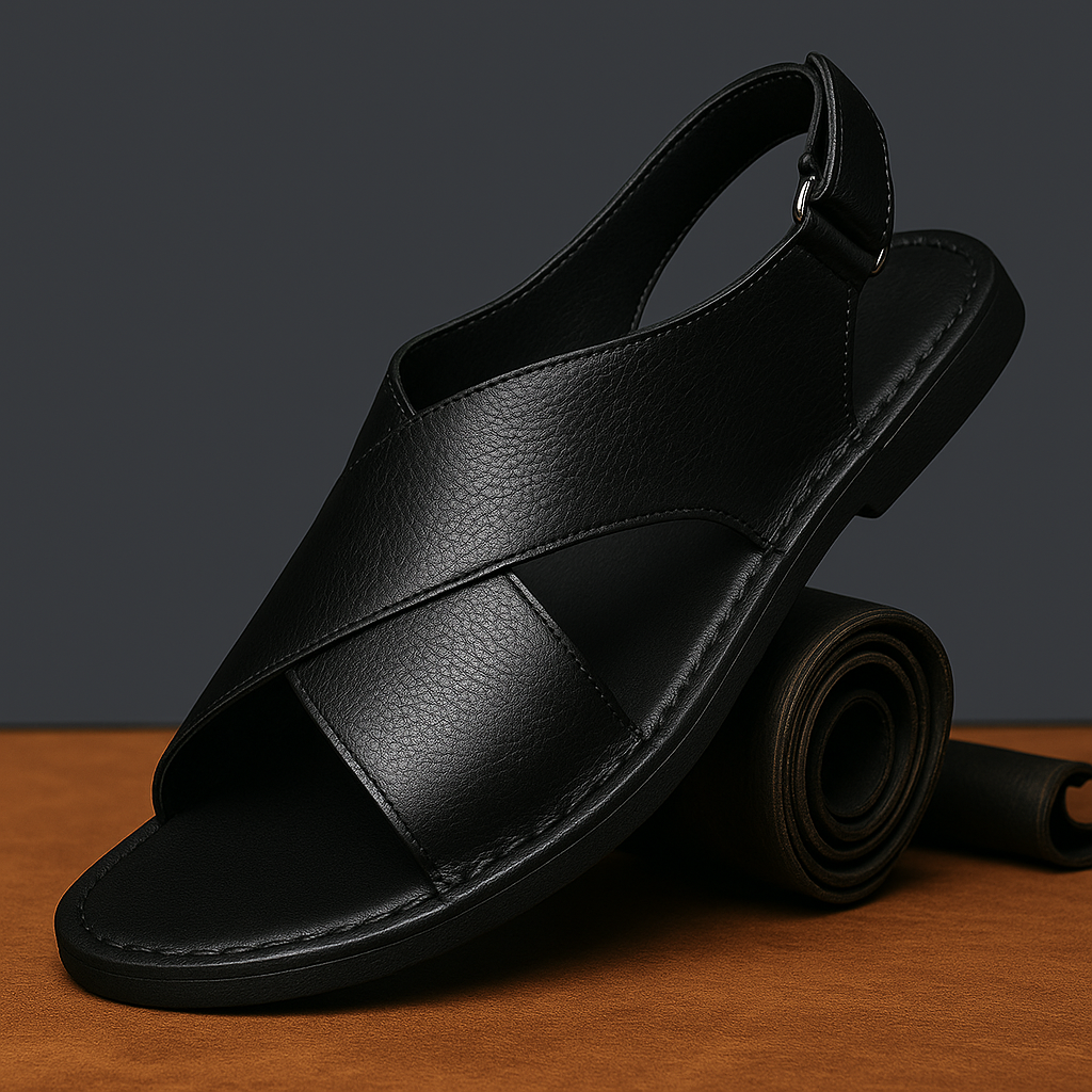 Black leather cross-wrap sandal with an open toe, adjustable ankle strap, and cushioned flat sole, styled on a wooden surface beside a rolled leather strip.