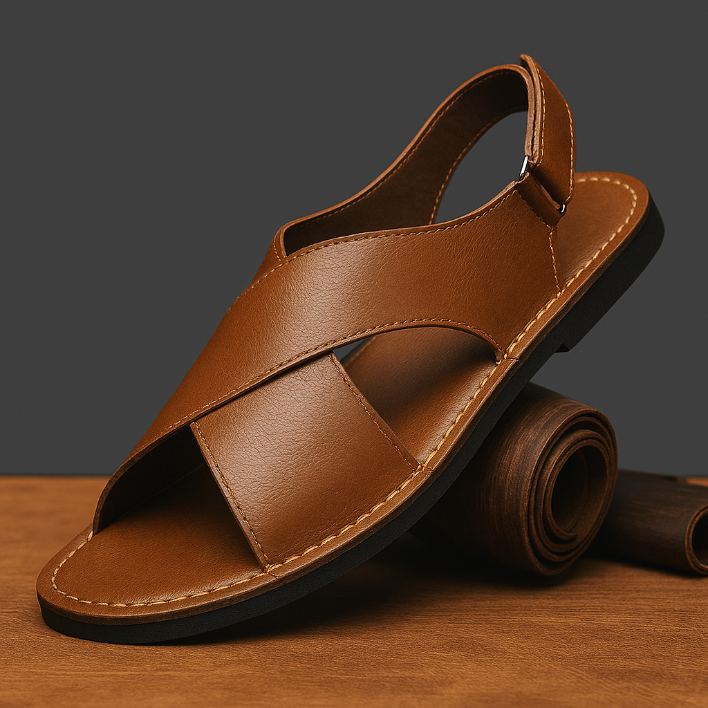 Brown leather cross-wrap sandal with an open toe, adjustable ankle strap, and cushioned flat sole, styled on a wooden surface beside a rolled leather strip.