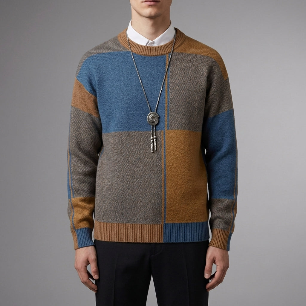 Ignazio Cotton Blend Colorblock Sweater – Textured Crewneck Layering Knitwear
