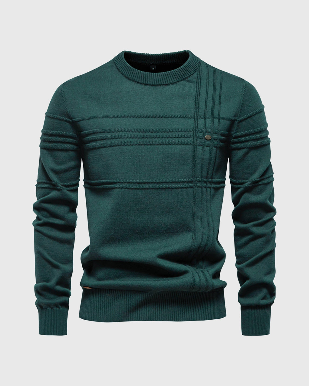 Green textured crew neck knit sweater with ribbed cuffs and hem, displayed on a white background.