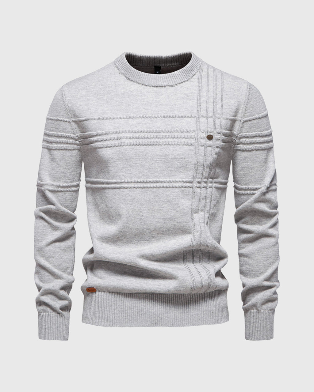 Flat lay of light grey ribbed knit sweater with crew neckline
