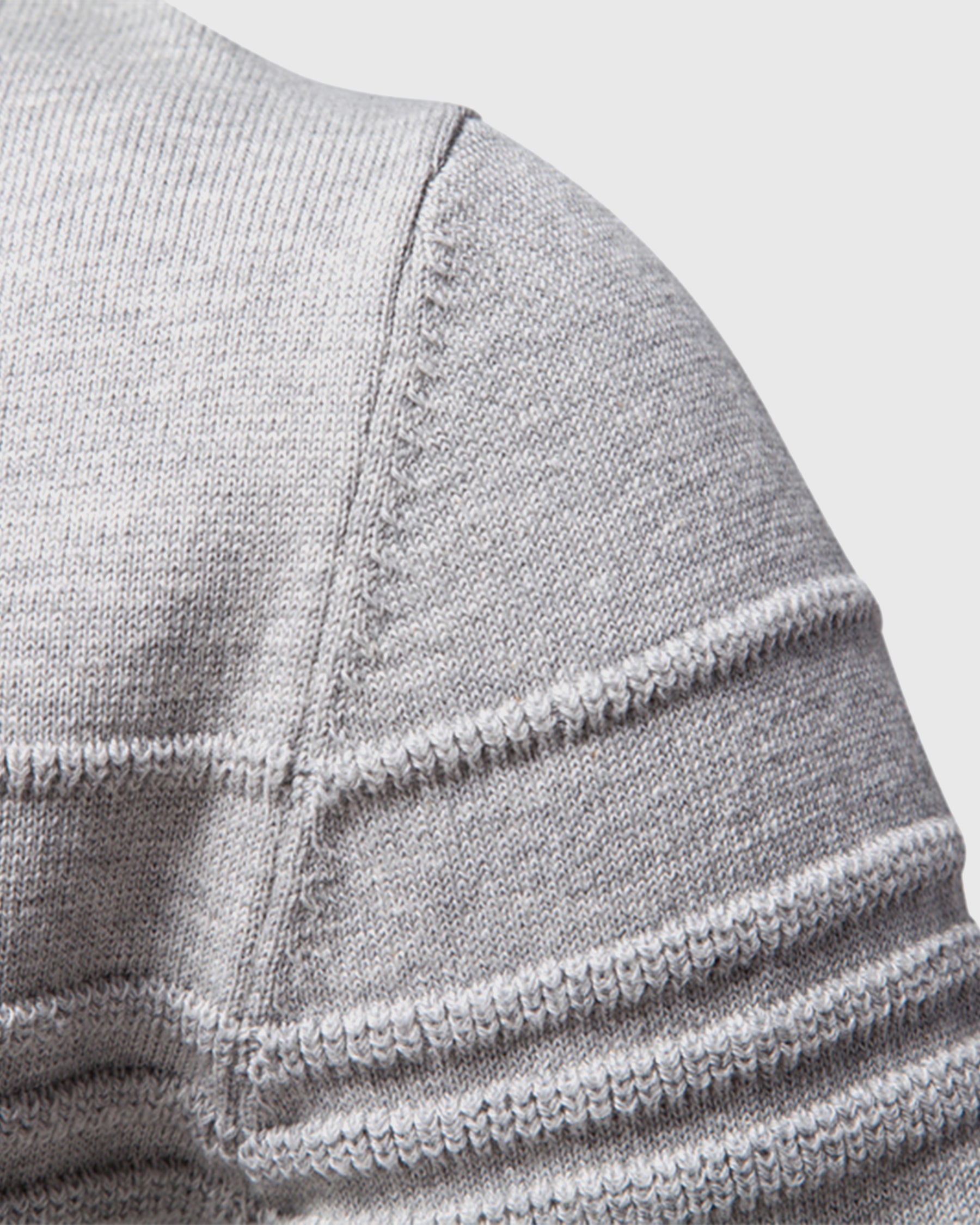 Close-up of light grey knit sweater shoulder seam detail